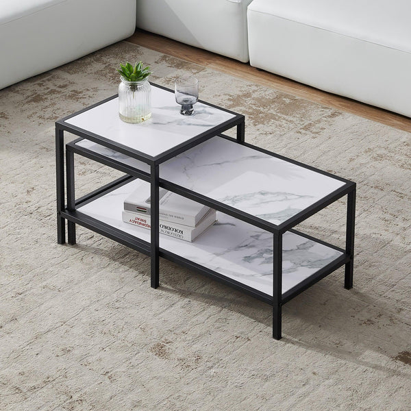 Modern Nesting coffee table Square & rectangle,Black metal frame with wood marble color top image