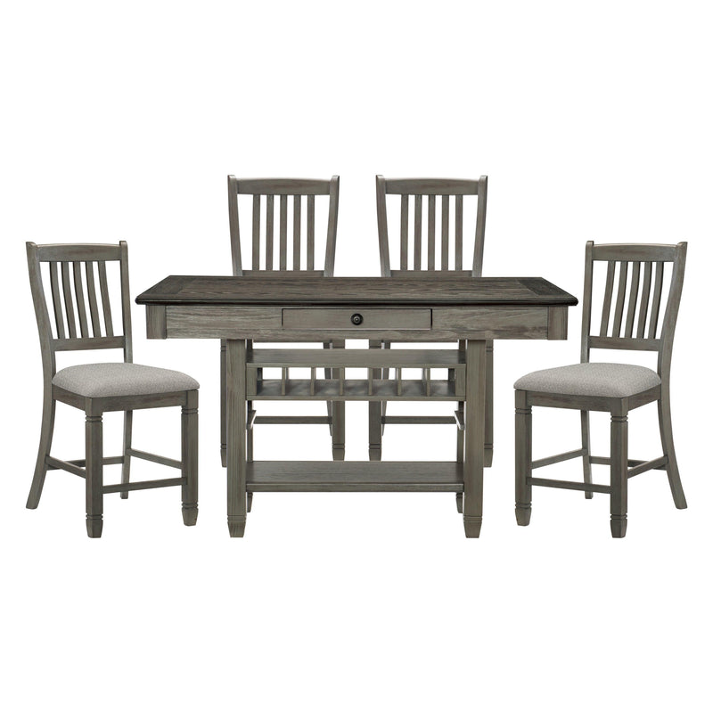 Antique Gray Dining Furniture Counter Height Table w Drawers Wine Rack Shelf and 4x Counter Height Chairs 5pc Dining Set Classic Style image
