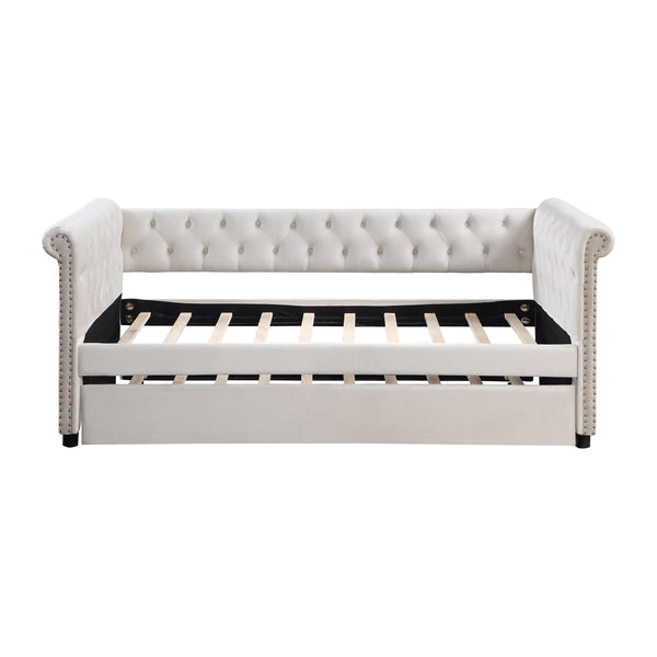 Daybed with Trundle Upholstered Tufted Sofa Bed, with Beautiful Round Armset Design, TWIN SIZE, Beige image