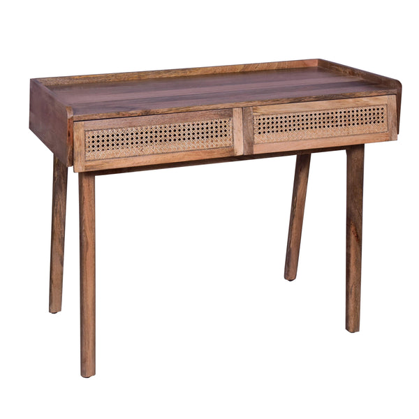 39 Inch Handcrafted ManWood Farmhouse Writing Desk, 2 Rattan Front Drawers, Oak Brown image