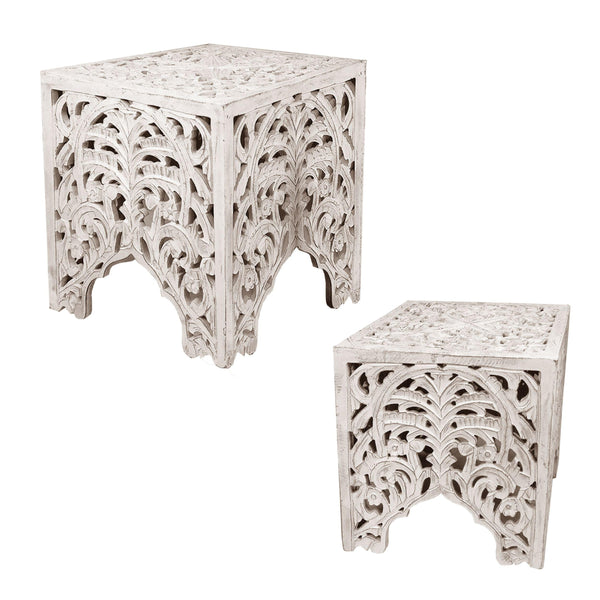 Wooden End Table with Floral Cut Out Design, Set of 2, Antique White image