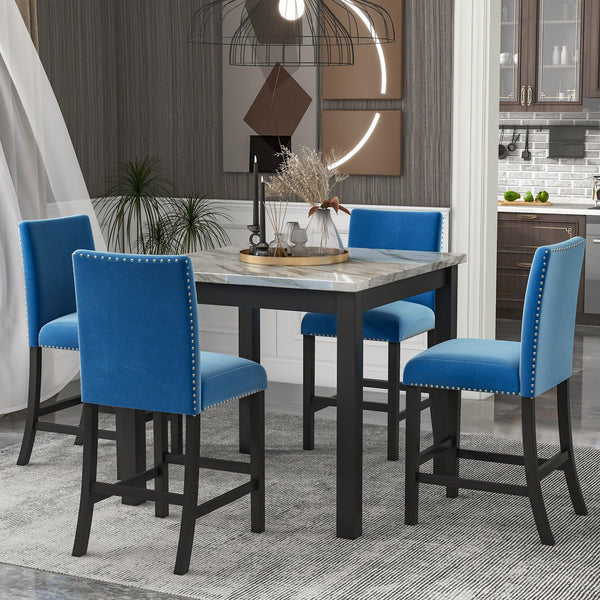 5-piece Counter Height Dining Table Set with One Faux Marble Dining Table and Four Upholstered-Seat Chairs, Table top: 40in.L x40in.W, for Kitchen and Living room Furniture,Blue image