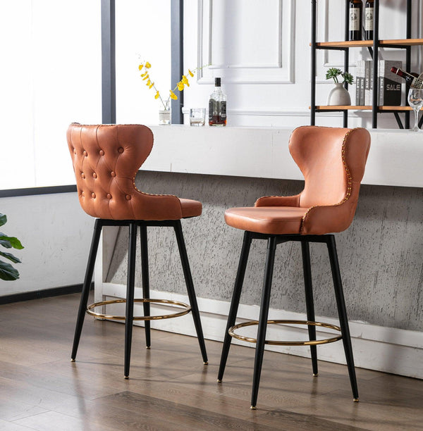 29"Modern Leathaire Fabric bar chairs,180° Swivel Bar Stool Chair for Kitchen,Tufted Gold Nailhead Trim Gold Decoration Bar Stools with Metal Legs,Set of 2 (Orange) image