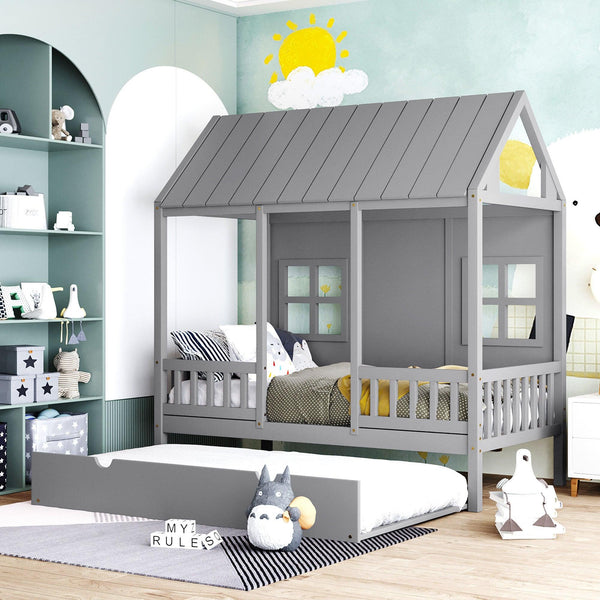 Twin Size Wood House Bed With Twin Size Trundle, Wooden Daybed, Gray image