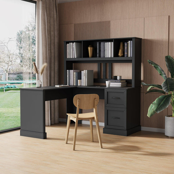 Home Office Computer Desk with Hutch, Antiqued Black finish image