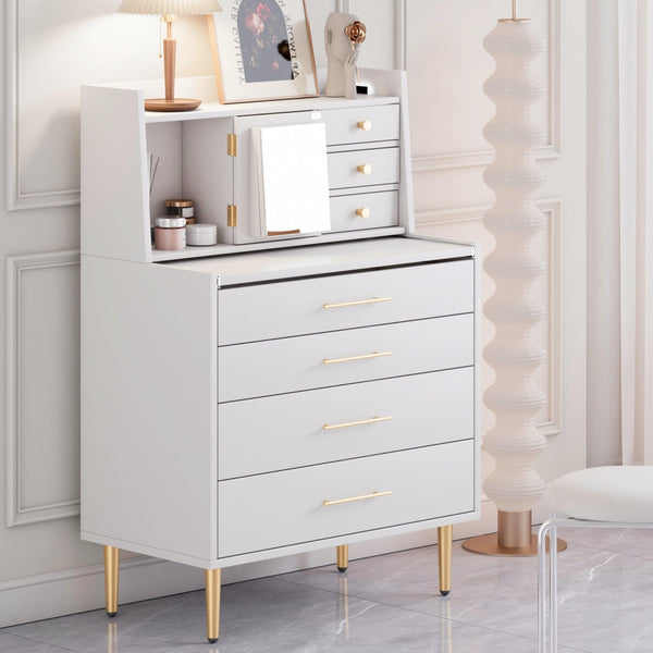 Vanity Makeup Table with Mirror and Retractable Table,Storage Dresser for Bedroom with 7 Drawers and HiddenStorage,White image