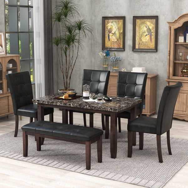 6-piece Faux Marble Dining Table Set  with one Faux Marble Dining Table ,4 Chairs and 1 Bench, Table: 66”x38”x 30”,Chair: 20.2”x28.5”x39”, Black image