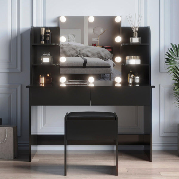 Modern Dressing table with 2 Drawers, 4 open shelves，Rectangular Makeup Table with Mirror, 10-lamp bulb,,42.52*15.75* 52.76inch,for Bedroom, Black image