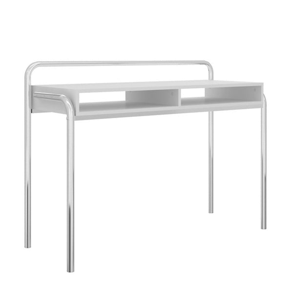 Office Desk with 2 Compartments and Tubular Metal Frame, White and Chrome image