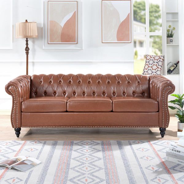 84.65"BROWN PU Rolled Arm Chesterfield Three Seater Sofa. image