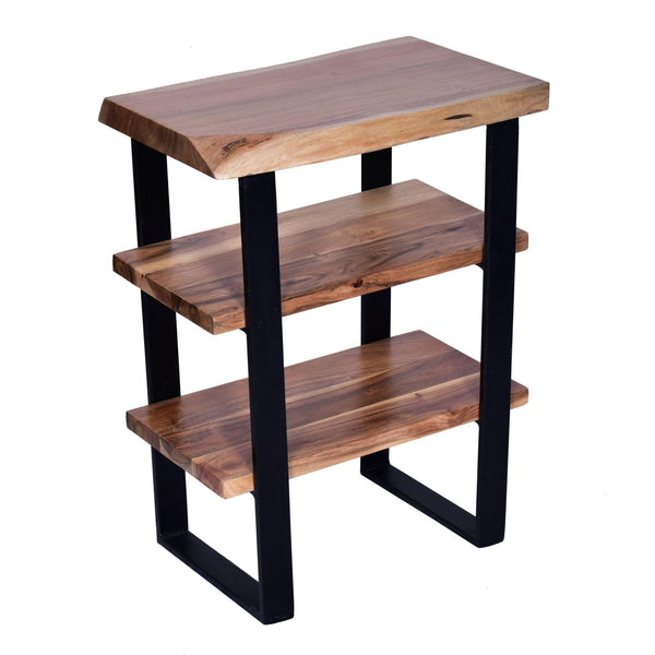 20 Inches Industrial End Side Table with Artisinal Live Edge Wood, Metal Legs, Brown, Black image