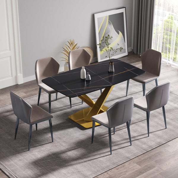 63"Modern artificial stone black curved golden metal leg dining table -6 people image