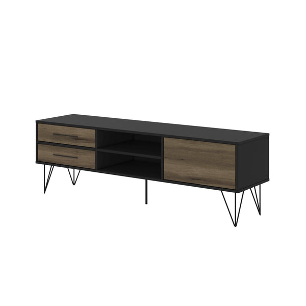 60 Inch Wood and Metal 1 Door TV Entertainment Stand with 2 Drawers, Brown and Black image