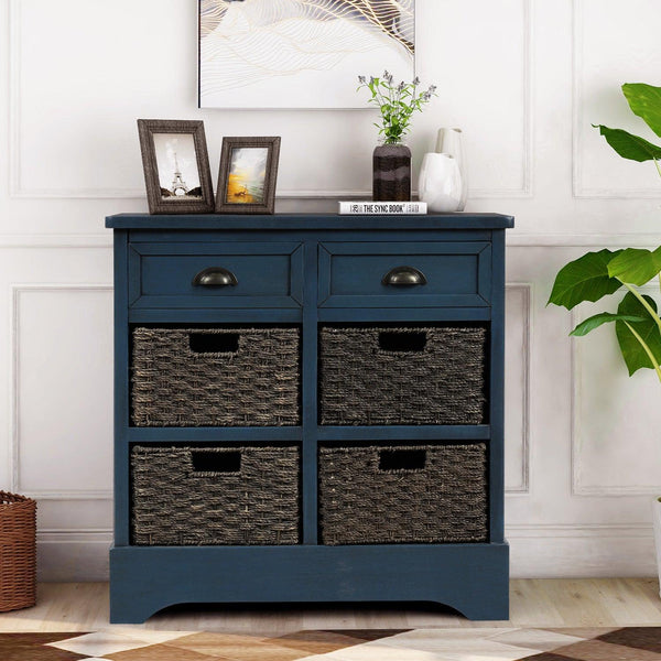 RusticStorage Cabinet with Two Drawers and Four  Classic Rattan Basket for Dining Room/Entryway/Living Room (Antique Navy) image