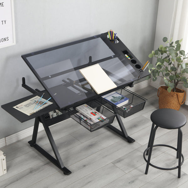 black adjustable tempered glass drafting printing table with chair image