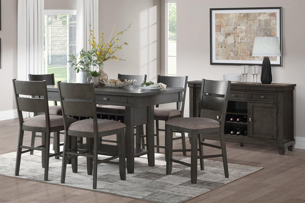 Counter Height 7pc Dining Set Gray Finish Dining Table w 4x Drawers Wine Rack Display Shelf and 6x Counter Height Chairs Wooden Furniture image