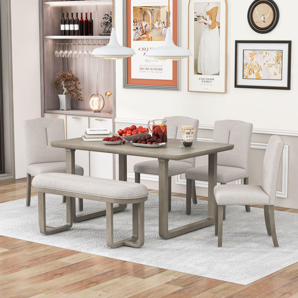 6-Piece Retro-Style Dining Set Includes Dining Table, 4 Upholstered Chairs & Bench with Foam-covered Seat Backs&Cushions for Dining Room (Light Khaki+Beige) image