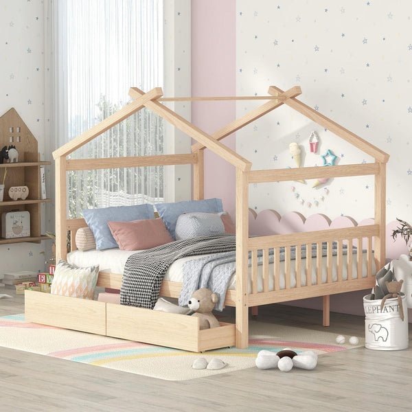 Full Size Wooden House Bed with Drawers, Natural image