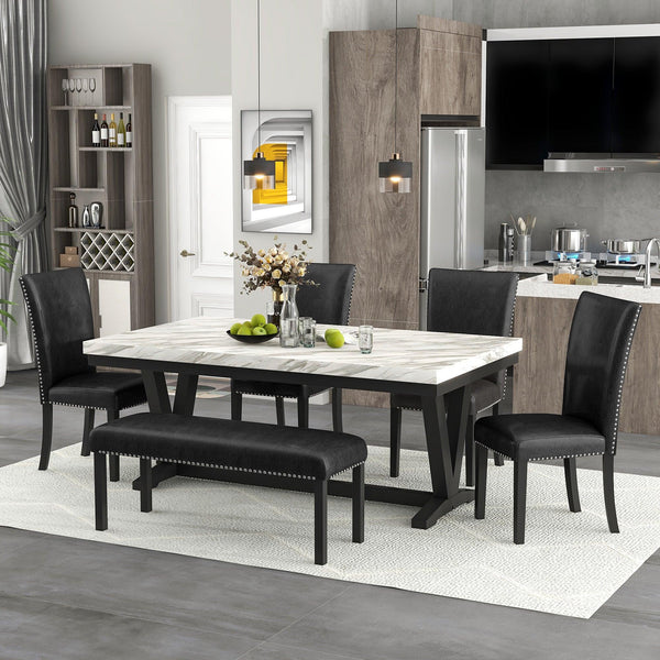 6-piece Dining Table Set with 1 Faux Marble Top Table,4 Upholstered Seats and 1 Bench,Table: 72in.Lx42in.Wx30in.H, Chair: 19.75in.Lx21.25in.Wx38.25in.H, Bench:46in.Lx16in.Wx20in.H. image