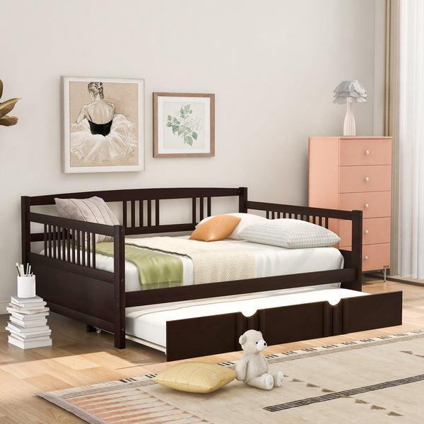 Full Size Daybed Wood Bed with Twin Size Trundle,Espresso image