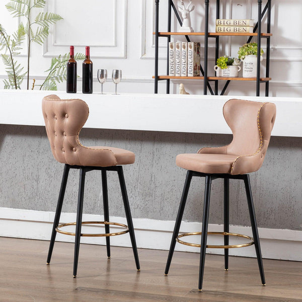 29"Modern Leathaire Fabric bar chairs,180° Swivel Bar Stool Chair for Kitchen,Tufted Gold Nailhead Trim Gold Decoration Bar Stools with Metal Legs,Set of 2 (Khaki) image