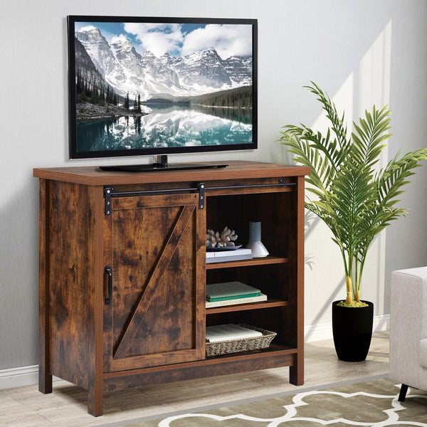 Locker&TV Stand，Barn doorModern &farmhousewood entertainment center, Console for Media,removable door panel & living room with for tvs up to 32'',BARNWOOD/BLACK image