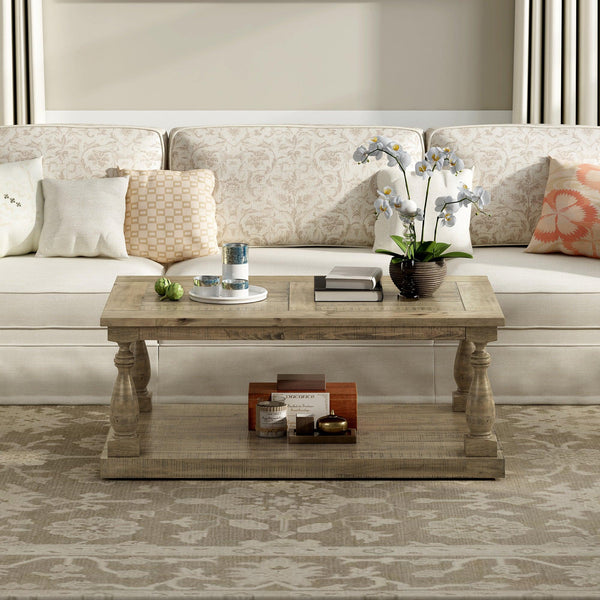 Rustic Floor Shelf Coffee Table withStorage,Solid Pine Wood (As same As WF287269AAD) image