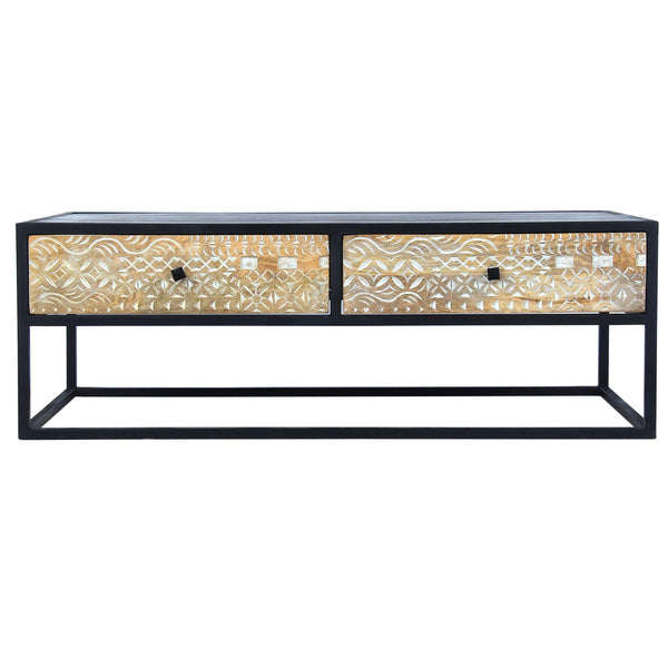45 Inch Carson Rectangular ManWood Coffee Table with Metal Frame and 2 Drawers, Brown and Black image