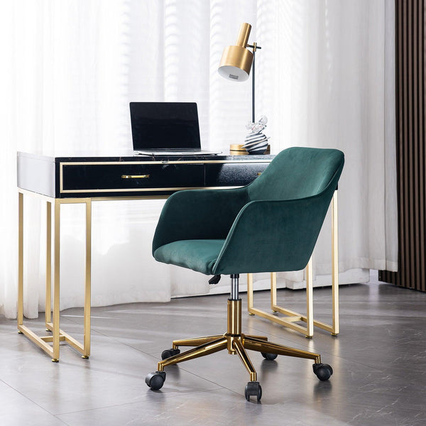 Modern Velvet Fabric Material Adjustable Height 360 revolving Home Office Chair with Gold Metal Legs and Universal Wheels for Indoor,Dark Green image