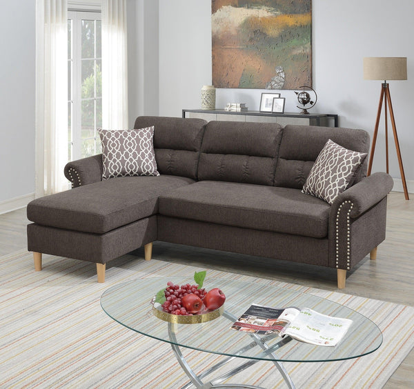 Tan Color Polyfiber Reversible Sectional Sofa Set Chaise Pillows Plush Cushion Couch Nailheads image
