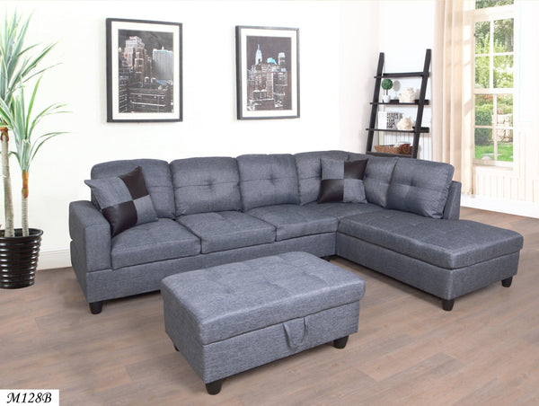 3 PC Sectional Sofa Set, (Gray) Linen LEFT -Facing Chaise with FreeStorage Ottoman image