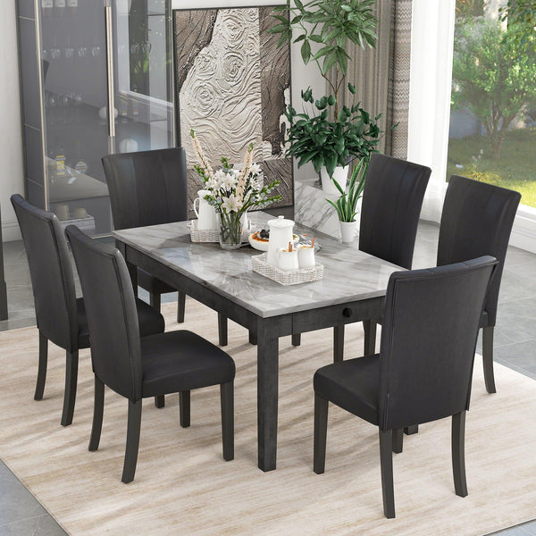 7-piece Dining Table with 2 drawers, table :59.7”x34.5”x30”, chair: 20.5”x26.3”x38.5”,Black image