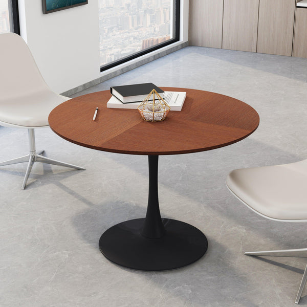 42"Modern Round Dining Table with Printed OAK Color Grain Table Top,Metal Base Dining Table, End Table Leisure Coffee Table image