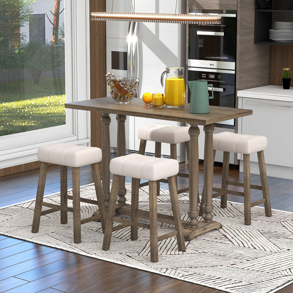 5-Piece Dining Table Set, Counter Height Dining Furniture with a Rustic Table and 4 Upholstered Stools for Kitchen, Dining Room (Light Brown) image