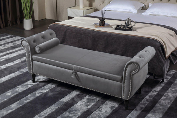63" Velvet MultifunctionalStorage Rectangular Sofa Stool Buttons Tufted Nailhead Trimmed Solid Wood Legs with 1 Pillow,Grey image