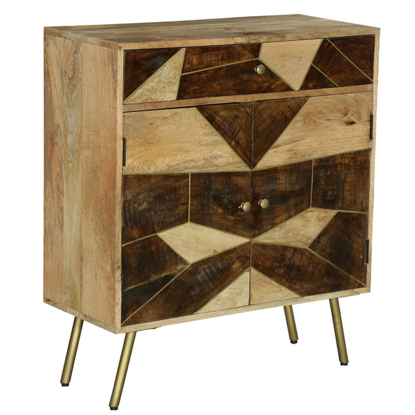 Brita 36 Inch ManWood Nightstand Side Table Cabinet, 2 Doors, Geometric Inlaid Design, Brown, Gold image