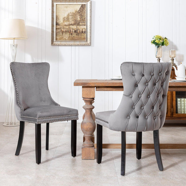Upholstered Wing-Back Dining Chair with Backstitching Nailhead Trim and Solid Wood Legs,Set of 2, Gray image