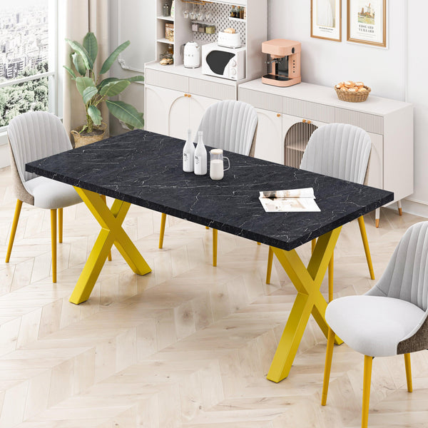 70.87"Modern Square Dining Table with Printed Black Marble Table Top+Gold X-Shape Table Leg image