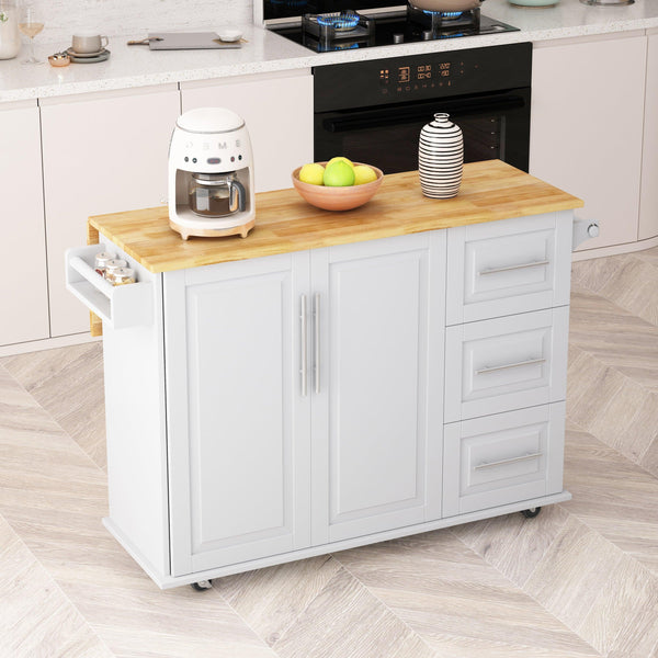 Kitchen Island Cart with 2 Door Cabinet and Three Drawers,43.31 Inch Width with Spice Rack, Towel Rack （White) image