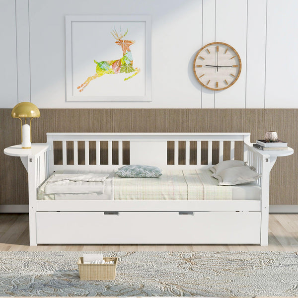 Twin Wooden Daybed with Trundle Bed  , Sofa Bed for Bedroom Living Room, White image