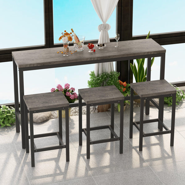Modern Design Kitchen Dining Table，Pub Table，Long Dining Table Set with 3 Stools，Easy Assembly， Brown Gray image