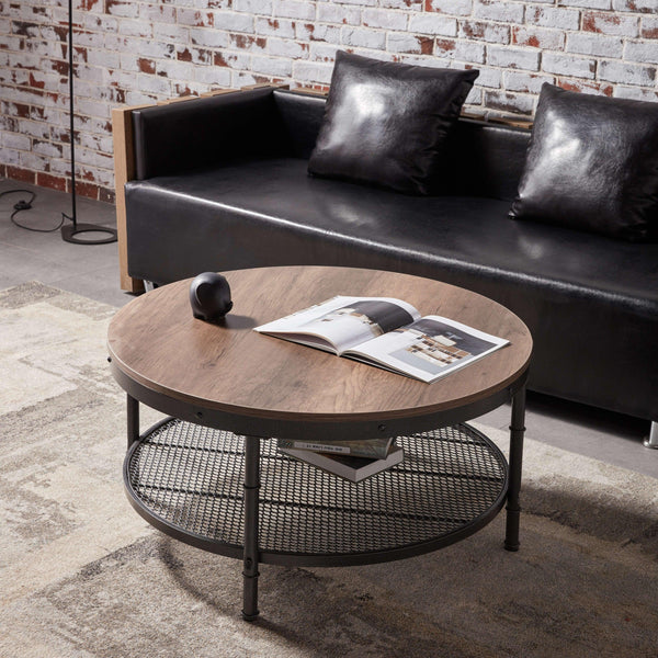 2-Tier Single Panel Round Coffee Table for Living Room and Bedroom, with 3D Texture Metal Frame and Mesh image