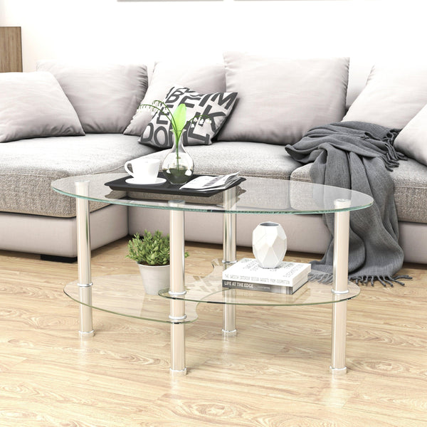 Transparent Oval glass coffee table,Modern table with stainless steel  leg, tea table 3-layer glass table for living room image