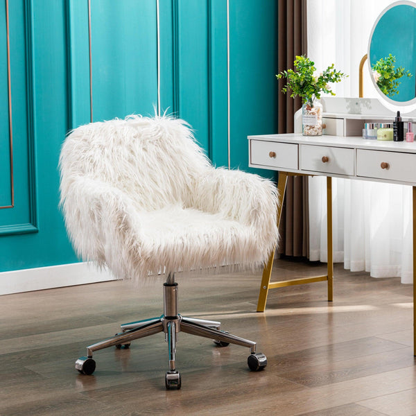 Modern Faux fur home office chair, fluffy chair for girls, makeup vanity Chair image