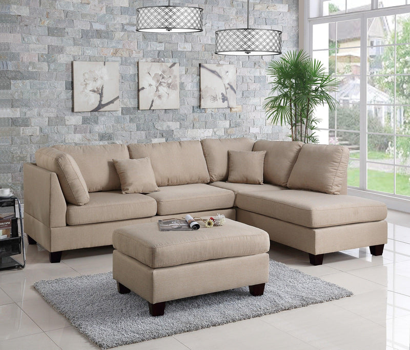 Sand Color 3pcs Sectional Living Room Furniture Reversible Chaise Sofa And Ottoman Polyfiber Linen Like Fabric Cushion Couch image