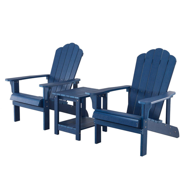 Key West 3 Piece Outdoor Patio All-Weather Plastic Wood Adirondack Bistro Set, 2 Adirondack chairs, and 1 small, side, end table set for Deck, Backyards, Garden, Lawns, Poolside, and Beaches, Blue image