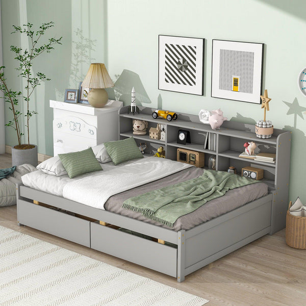 Full Bed with Side Bookcase, Drawers,Gray image