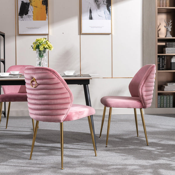 Modern Dining Chair Set of 2, Woven Velvet Upholstered Side Chairs with Barrel Backrest and Gold Metal Legs, Accent Chairs for Living Room Bedroom,Pink image