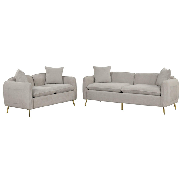 2 Piece Velvet Upholstered Sofa Sets,Loveseat and 3 Seat Couch Set Furniture with 2 Pillows and lden Metal Legs for Different Spaces,Living Room,Apartment,Gray image