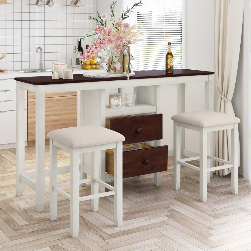 Farmhouse Rustic 3-piece Counter Height Wood Dining Table Set with 2Storage Drawers and 2 Stools for Small Places, White and Brown image